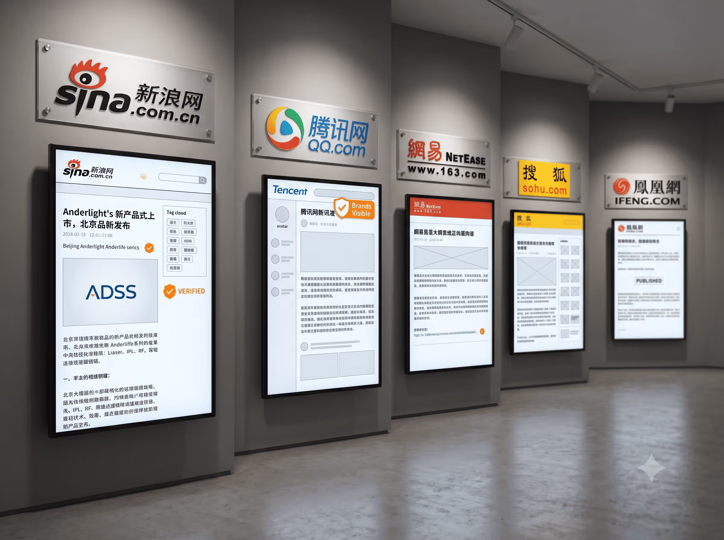 Display panels showing Chinese media websites Sina, Tencent, NetEase, Sohu and Ifeng on a gallery wall.