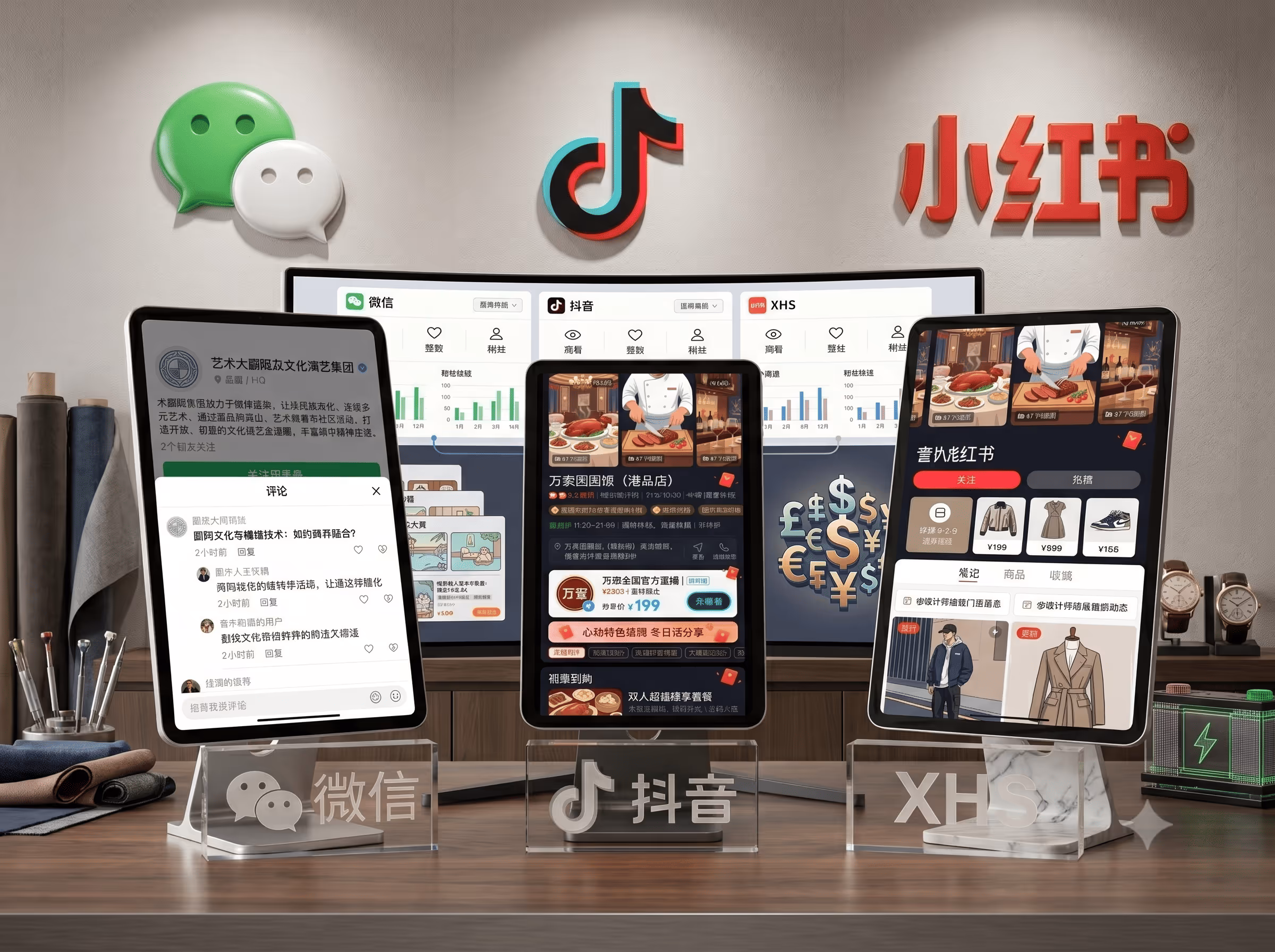 Three tablets showing WeChat, Douyin and Xiaohongshu apps with charts and content on a desk with logos above.