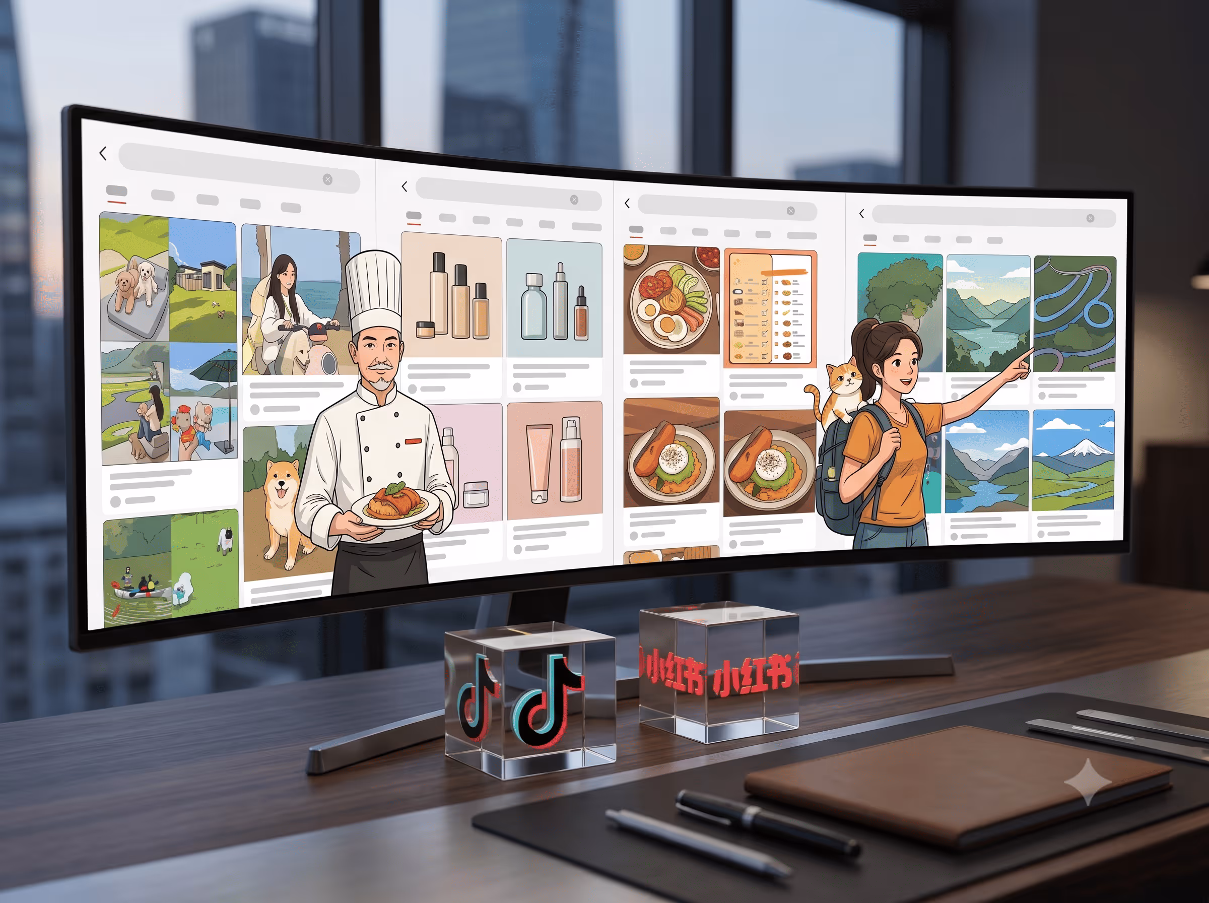Curved monitor on desk displays cartoon chef with food and woman with cat browsing social media feeds.