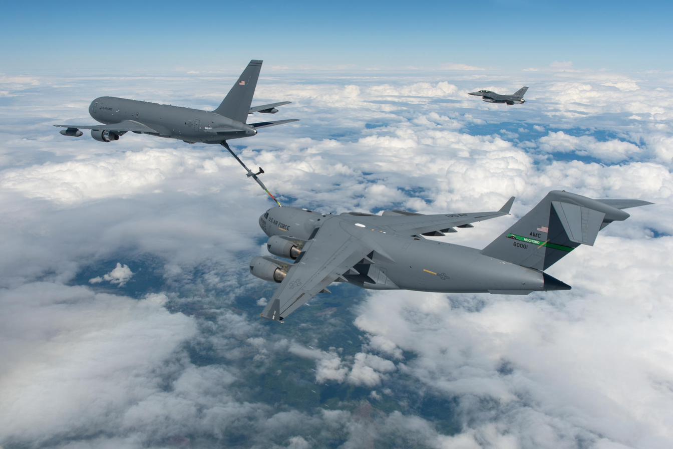 C-17 transport receiving fuel during aerial refueling
