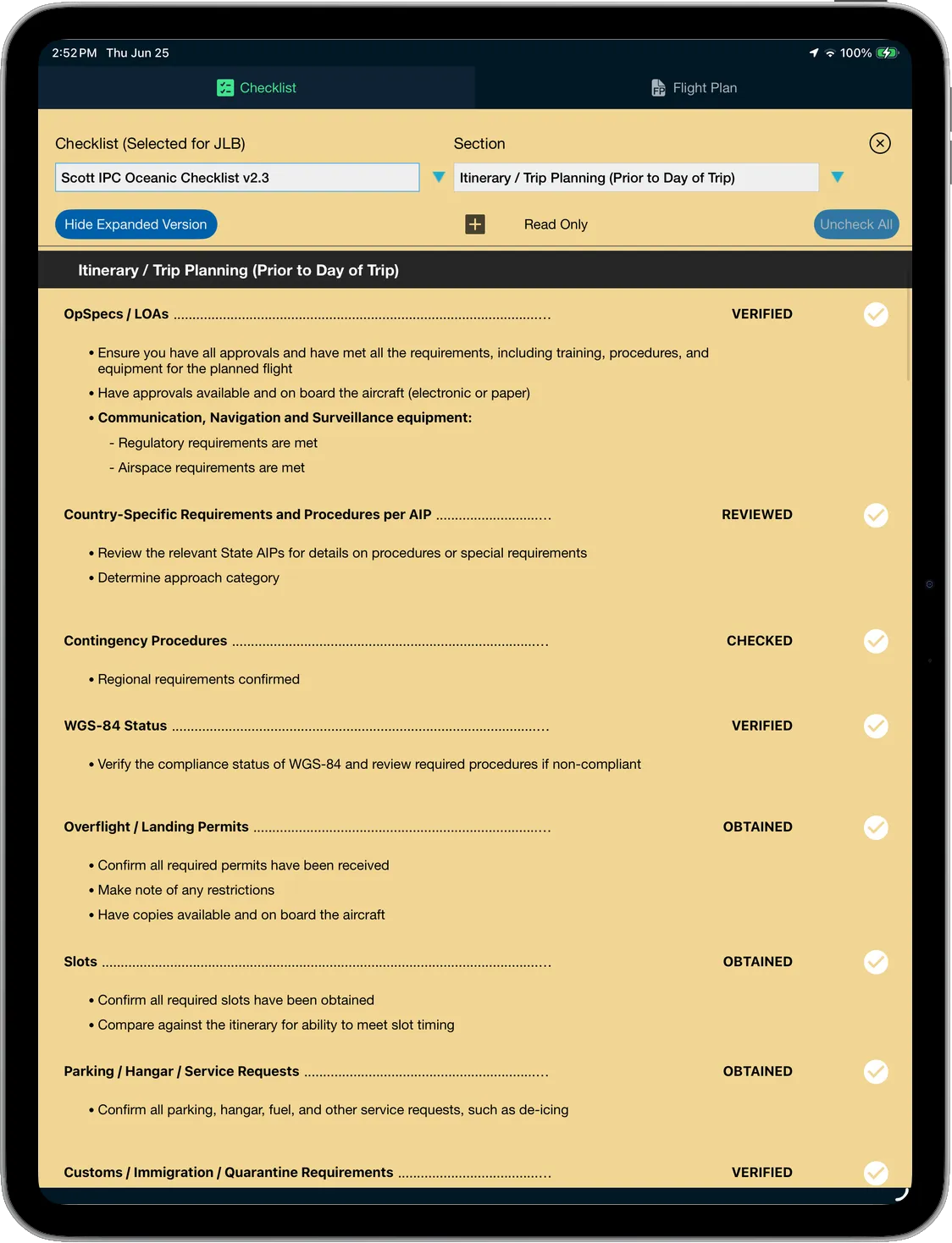 Scott Plot® oceanic checklist on iPad — verified preflight and trip-planning items