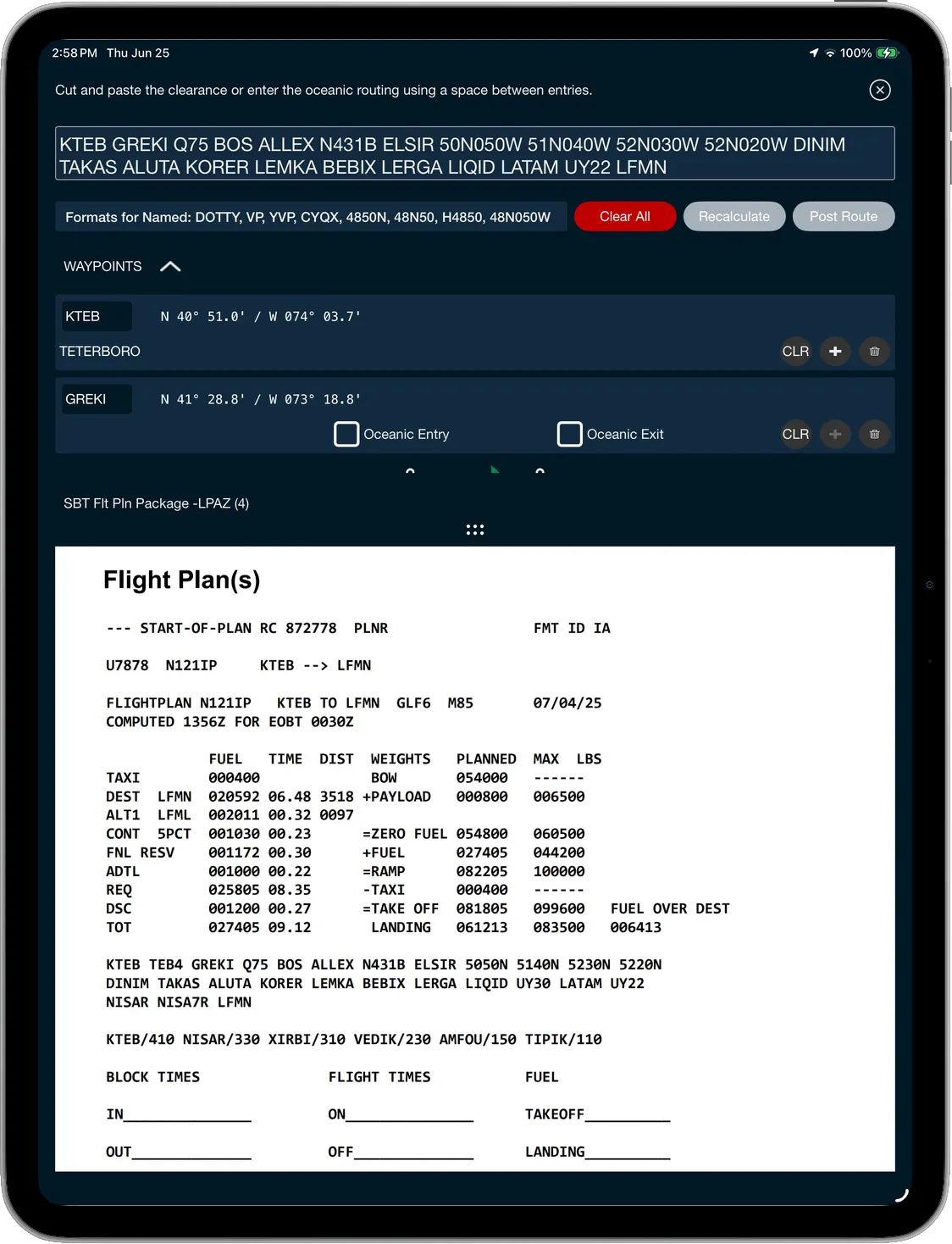 Scott Plot® route building on iPad — pasting an oceanic clearance to plot a flight plan