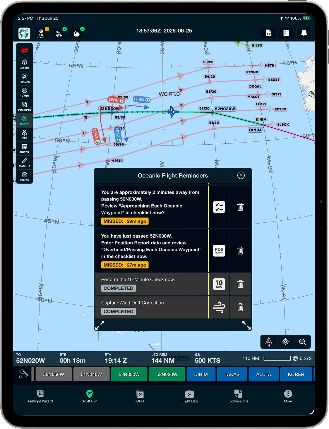 Scott Plot® oceanic flight reminders on iPad — waypoint, 10-minute check, and wind-drift prompts