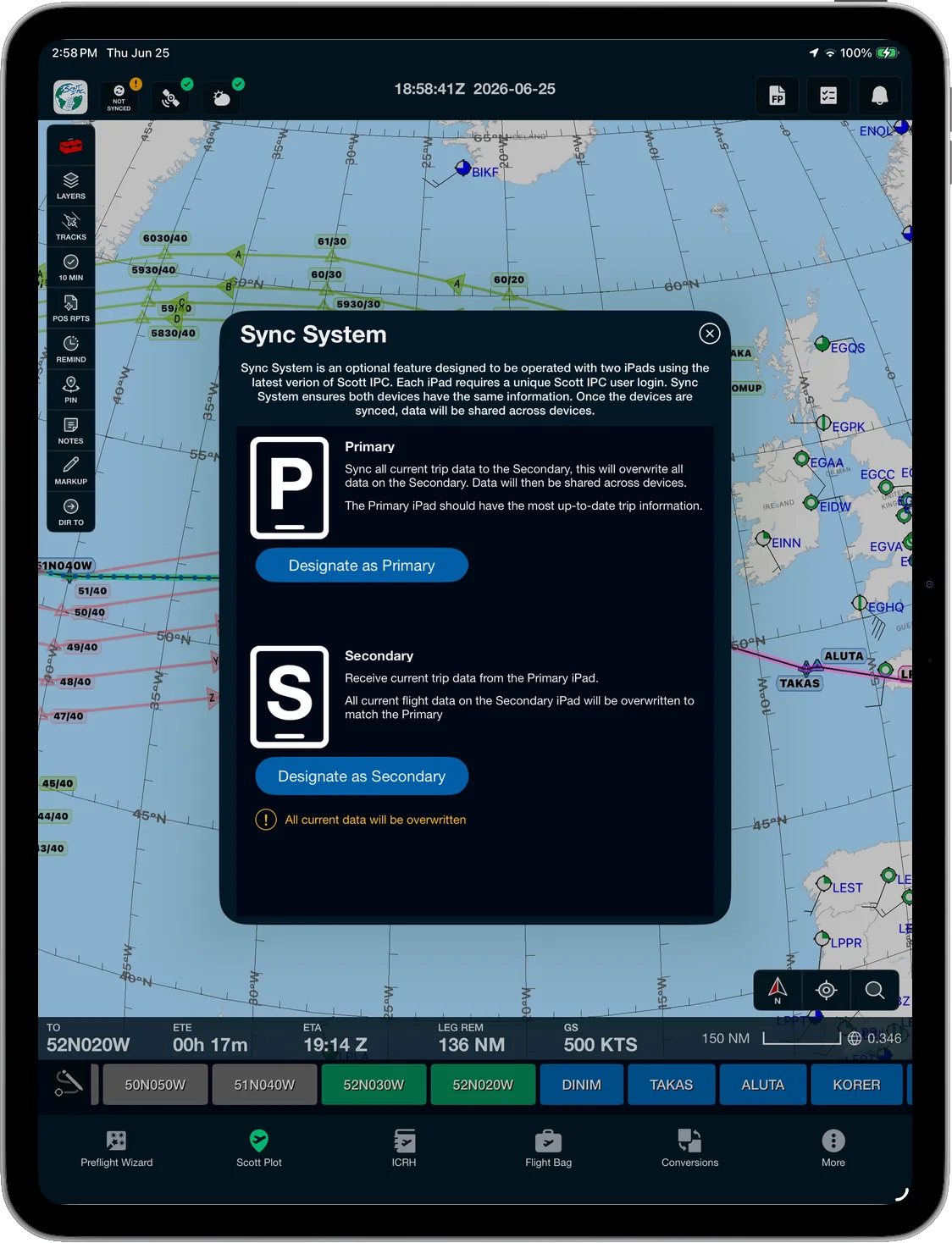 Scott Plot® multi-iPad sync on iPad — designating primary and secondary devices