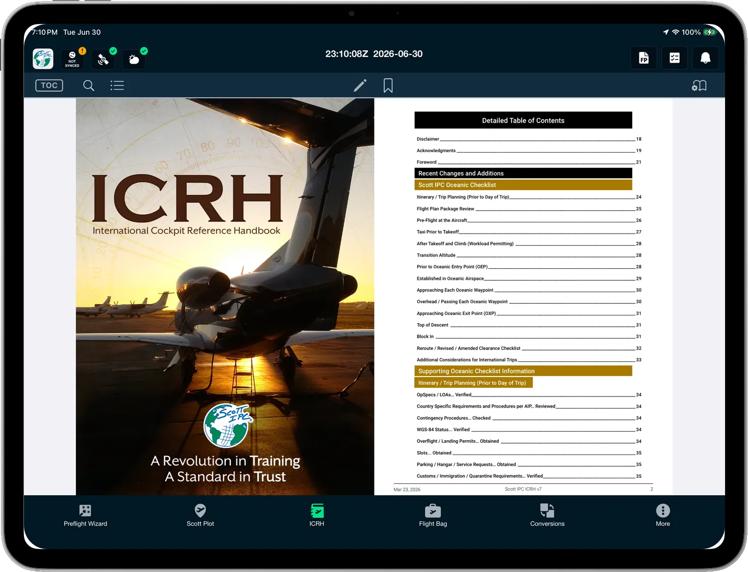 The ICRH open to a two-page spread — cover and detailed table of contents — on an iPad in the Scott IPC app