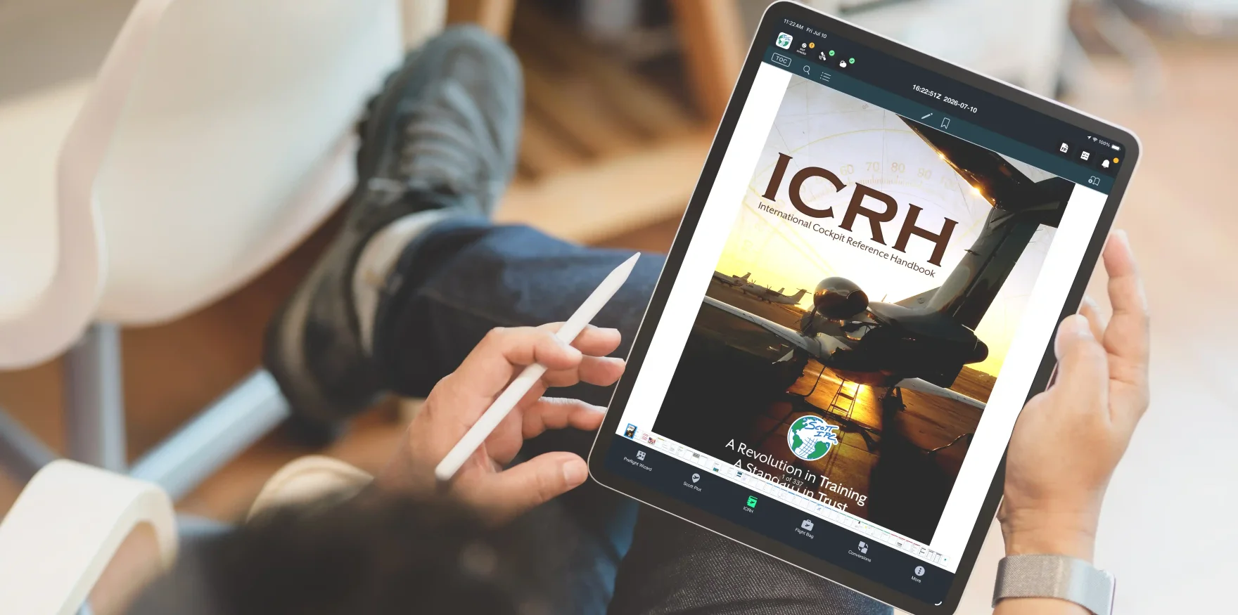 The ICRH International Cockpit Reference Handbook cover open on an iPad in the Scott IPC app