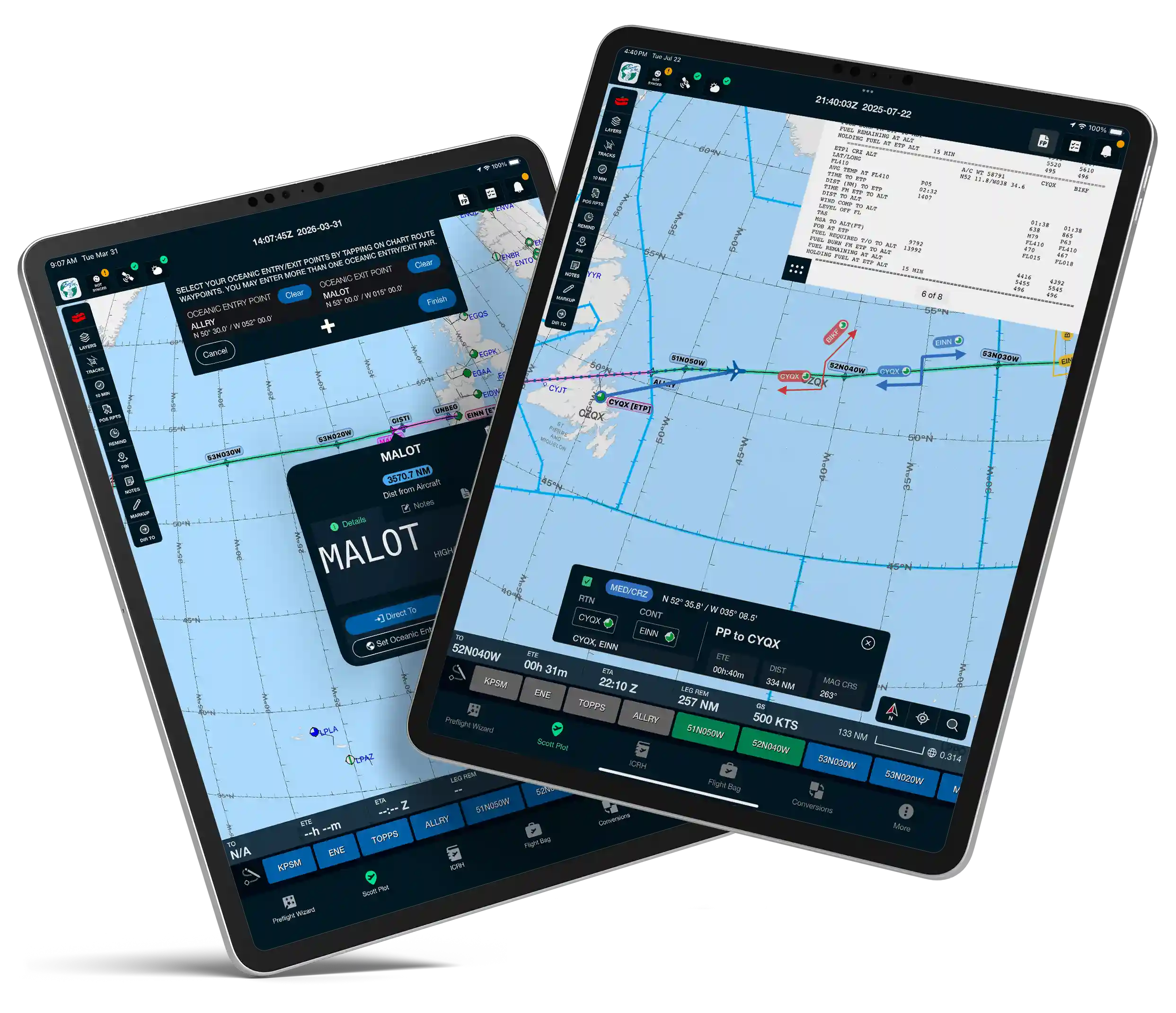 Scott Plot on two iPads — North Atlantic oceanic plotting chart with waypoints and ETPs, synced across the flight deck