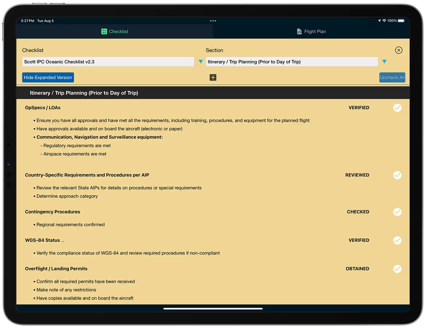 Comprehensive Oceanic Checklist in the Scott IPC app