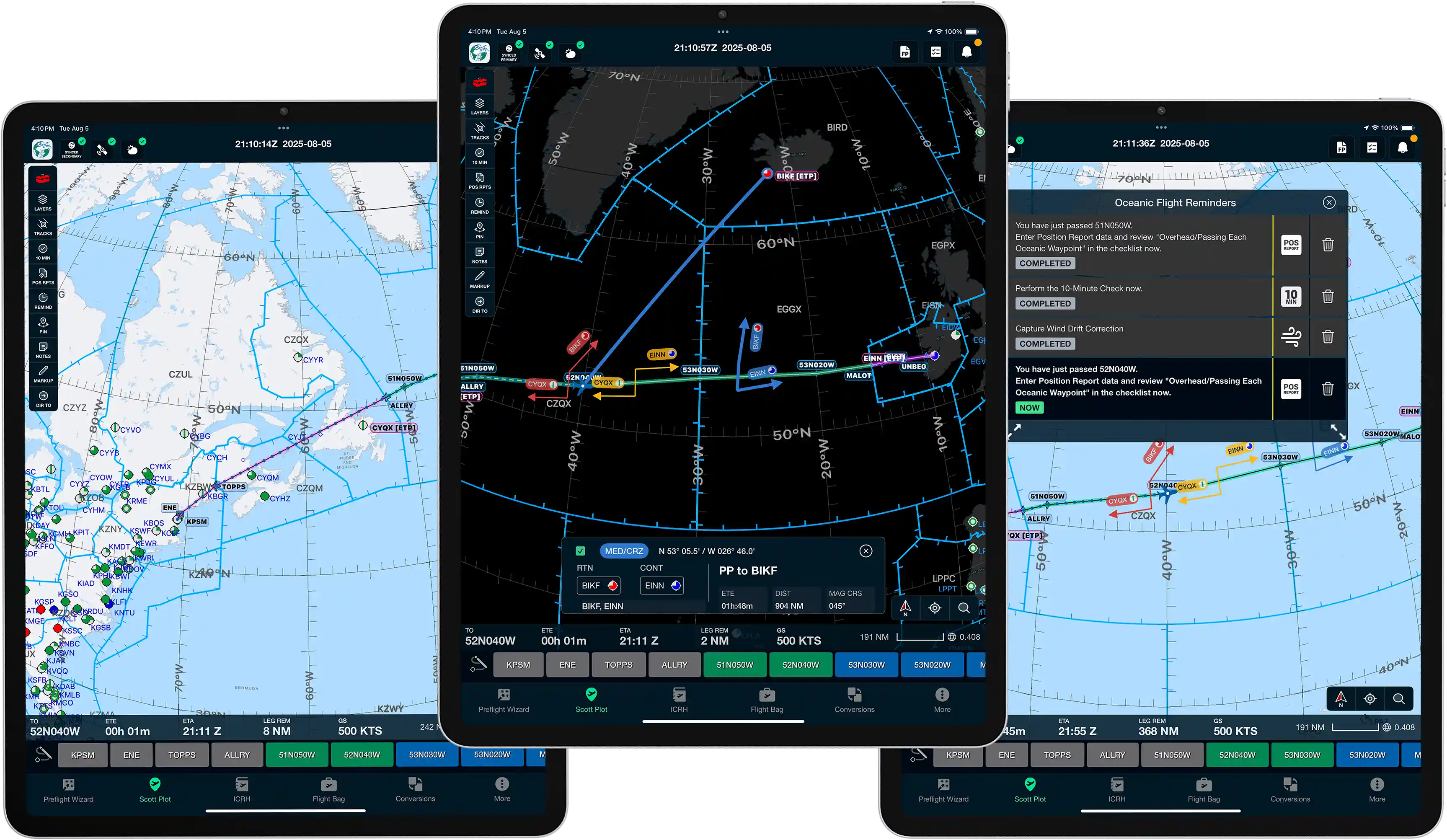 Scott Plot synced across three iPads on the flight deck — ICRH, oceanic plotting, and route charts