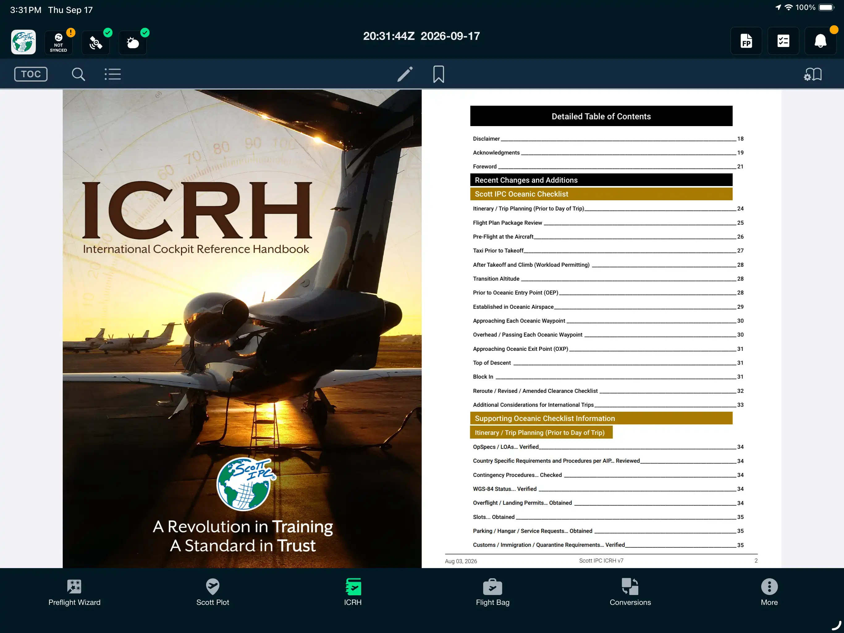 The ICRH cockpit reference open on an iPad — cover and detailed table of contents.