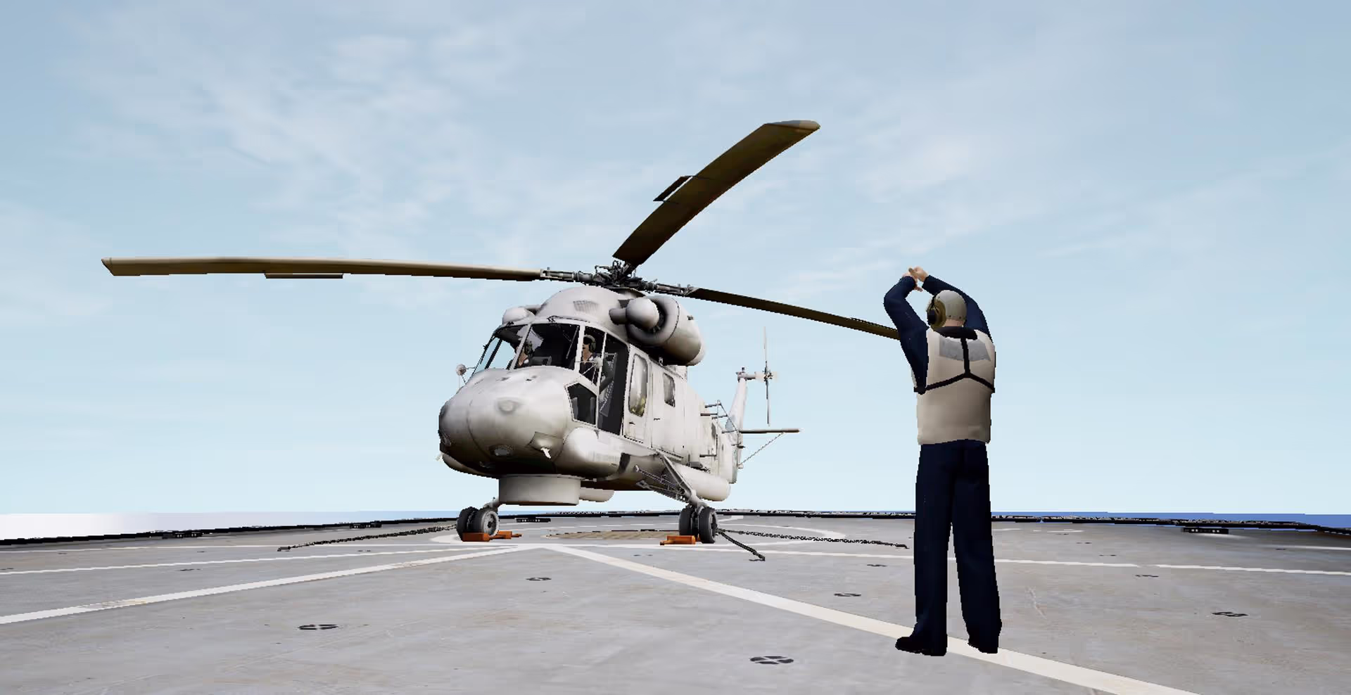 VR Rendering of a flight deck officer in front of a helicopter