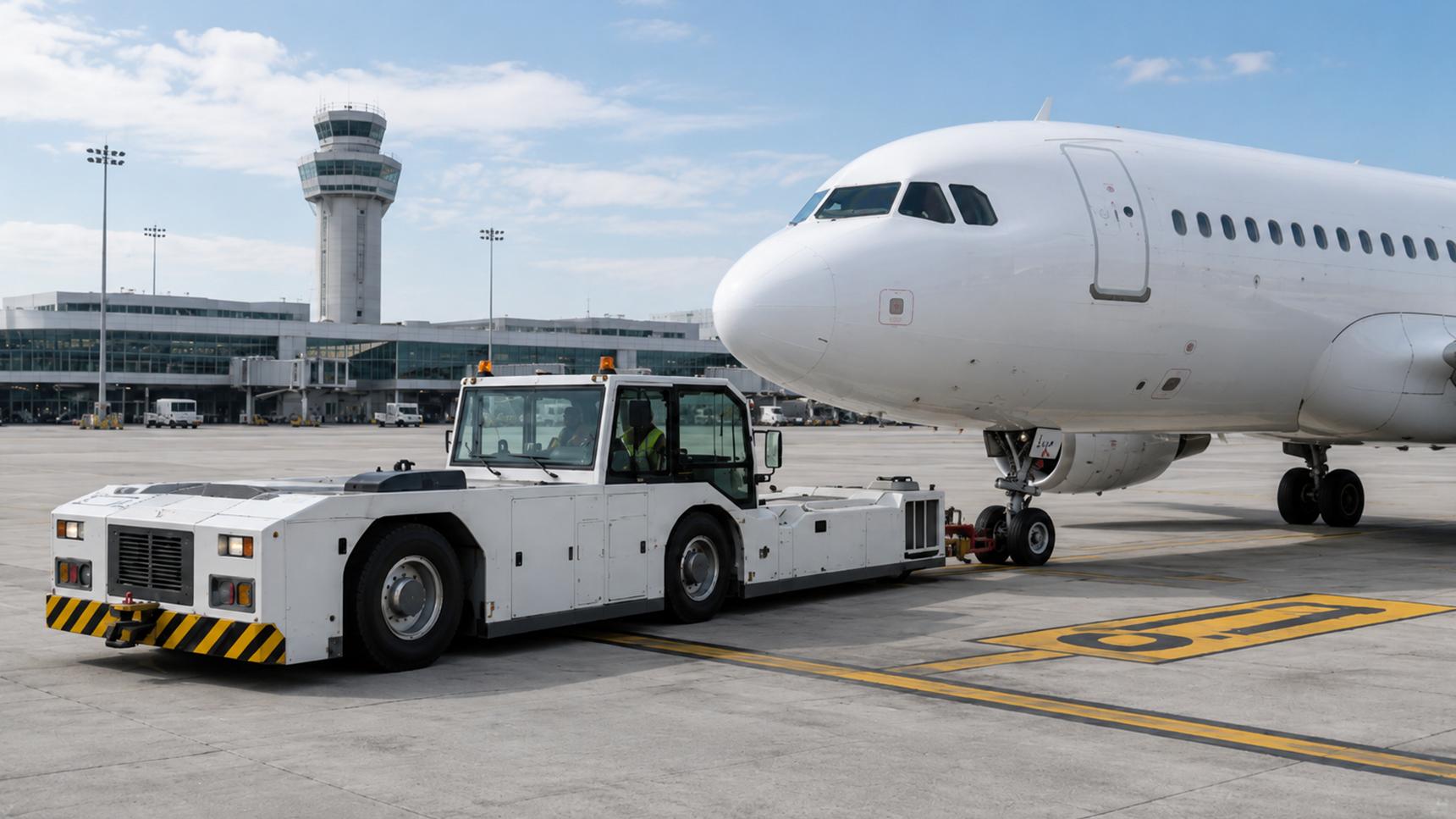 A person learning to push back an aircraft in virtual reality_ sitting in the driver's seat of a pushback tug