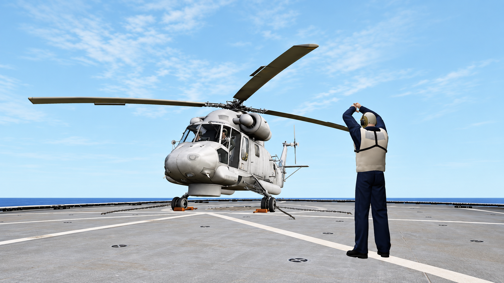 VR Rendering of a flight deck officer in front of a helicopter