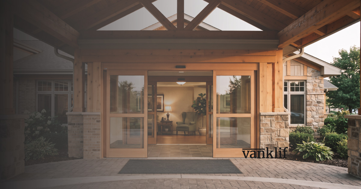 Automatic sliding glass entrance doors at a comfortable assisted living facility, illustrating assisted living facility valuation.