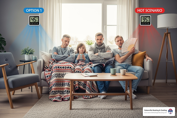 Family sitting on a couch in a living room, depicting two temperature scenarios: one side shows a cool 45°F and the other a hot 95°F, highlighting the importance of HVAC comfort in Tacoma, WA, with Eatonville Heating & Cooling branding visible.