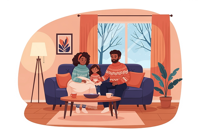 Family sitting together on a couch in a cozy living room during winter, wrapped in blankets, highlighting the importance of warmth and comfort during heating emergencies in Tacoma.