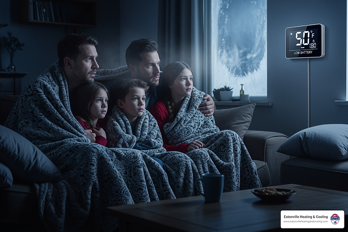 Family huddled under blankets in a cold living room, displaying a digital thermometer reading 50°F, emphasizing the need for emergency heating installation services from Eatonville Heating & Cooling.