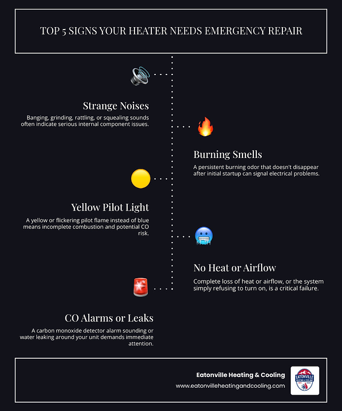 Infographic displaying signs of heating system problems, including indicators for immediate repair needs, such as strange noises and burning smells, relevant to 24-hour heating repair services in Olympia, WA.