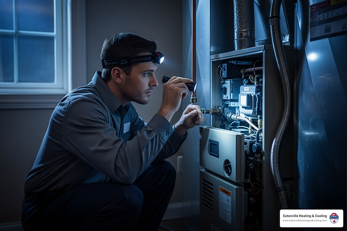 Technician inspecting a furnace with a flashlight, emphasizing emergency heating repair services by Eatonville Heating & Cooling in Olympia, WA.