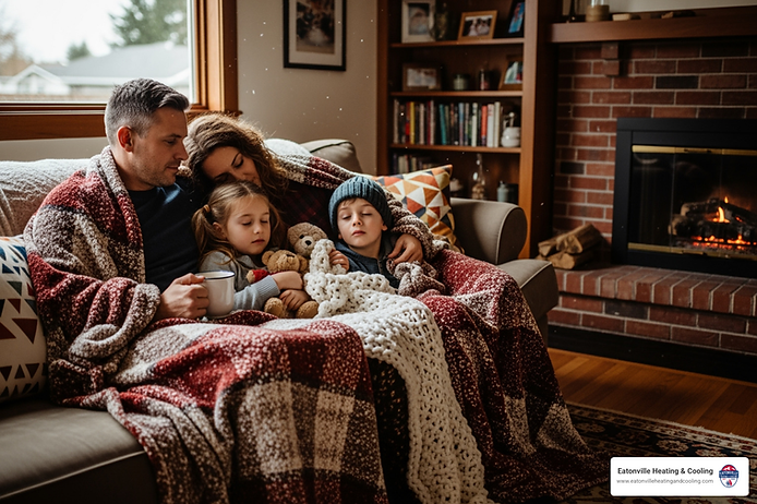 Family cozied up on a sofa under blankets, enjoying warmth and comfort by a fireplace, representing the importance of reliable heating services during cold winter nights in Tacoma, WA.