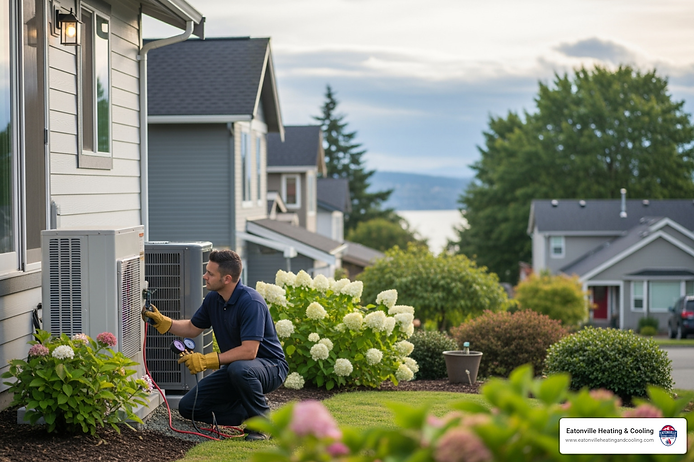 Eatonville Heating & Cooling service van parked outside a residential home, surrounded by greenery, emphasizing local HVAC repair services in Tacoma, WA.