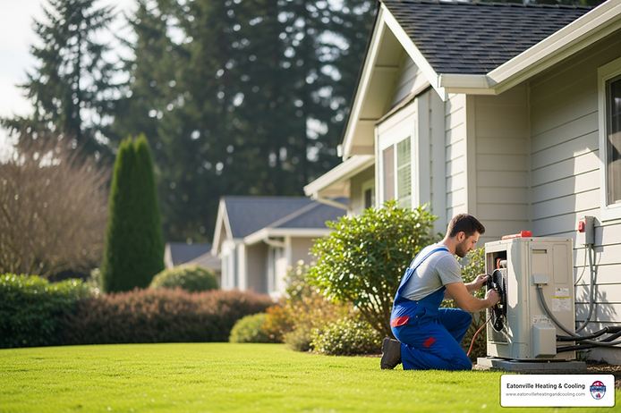 Technician repairing a heat pump outside a residential home in Puyallup, WA, emphasizing affordable heating solutions and local expertise.