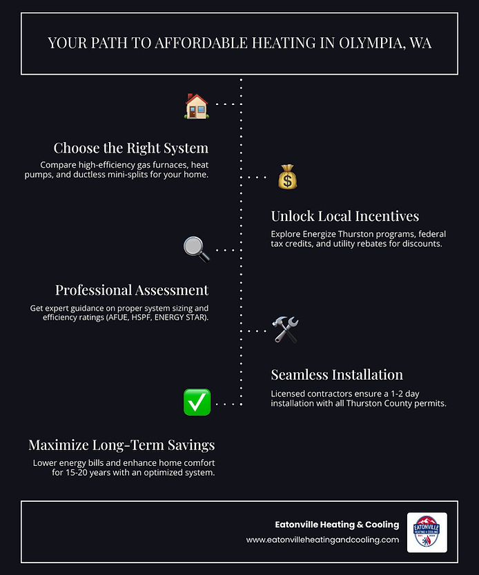 Infographic illustrating key factors to consider for heating system replacement, emphasizing energy efficiency, local incentives, and professional guidance for homeowners in Olympia, WA.