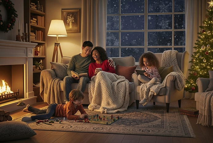 Family enjoying cozy winter evening by the fireplace, playing games and reading, with a decorated Christmas tree and snow outside the window, reflecting warmth and comfort in Eatonville.