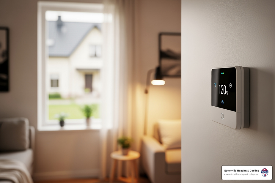 Image of a cozy home interior featuring a warm light source, a framed illustration of a house, and a modern heating system, emphasizing comfort and energy efficiency for affordable heating installation in Tacoma, WA.