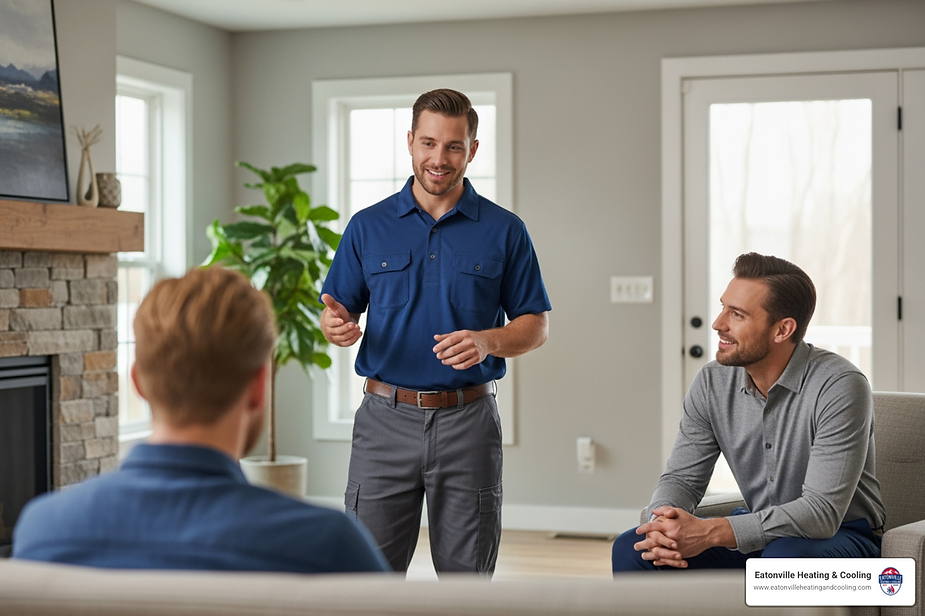 Man in blue shirt discussing heating installation options with two homeowners in a modern living room, emphasizing comfort and energy efficiency.