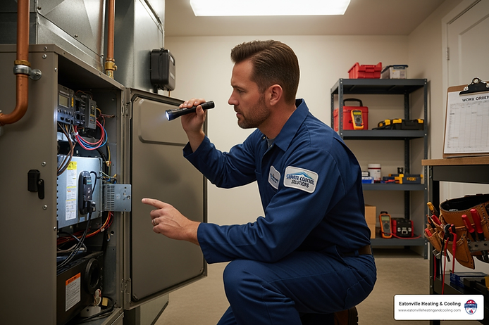 Technician inspecting heating system, emphasizing professional heating repair services in Eatonville, WA.