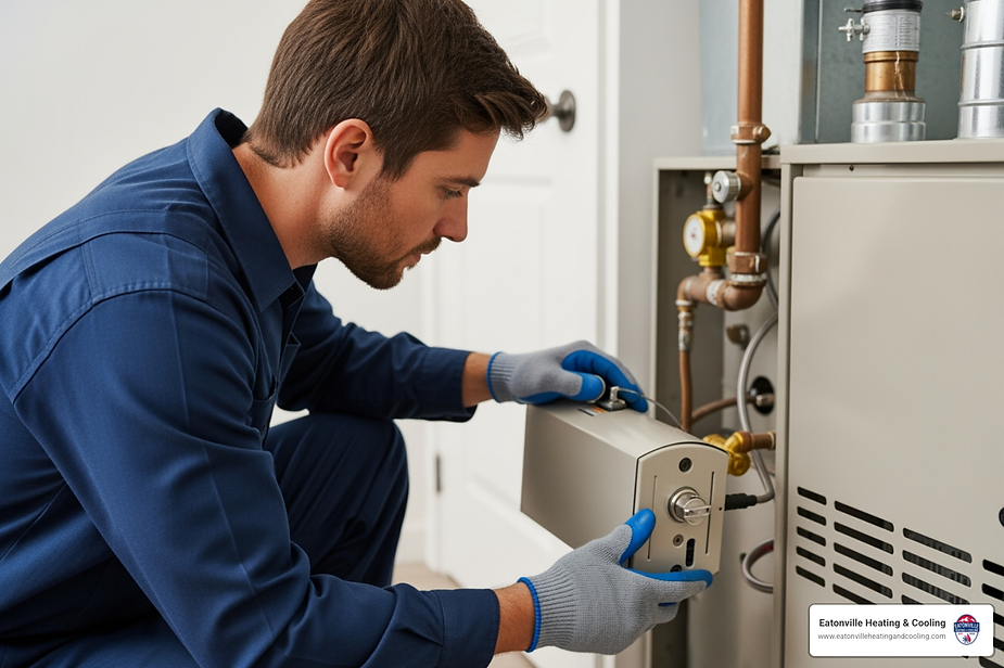 Technician performing heating maintenance on a furnace, emphasizing affordable heating services in Tacoma, WA by Eatonville Heating & Cooling.
