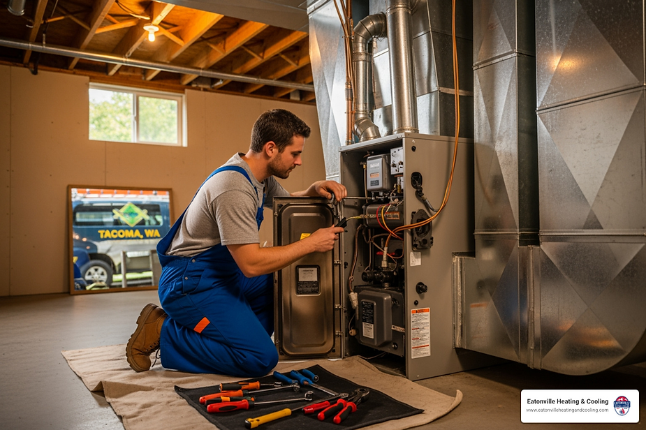 Man working on heating system maintenance in a cozy indoor setting, illustrating the importance of proactive HVAC care for Tacoma homes.