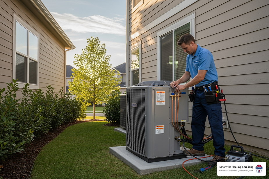 Professional technician installing a heat pump outside a home, showcasing Eatonville Heating & Cooling's expertise in HVAC solutions for homeowners in Eatonville, WA.