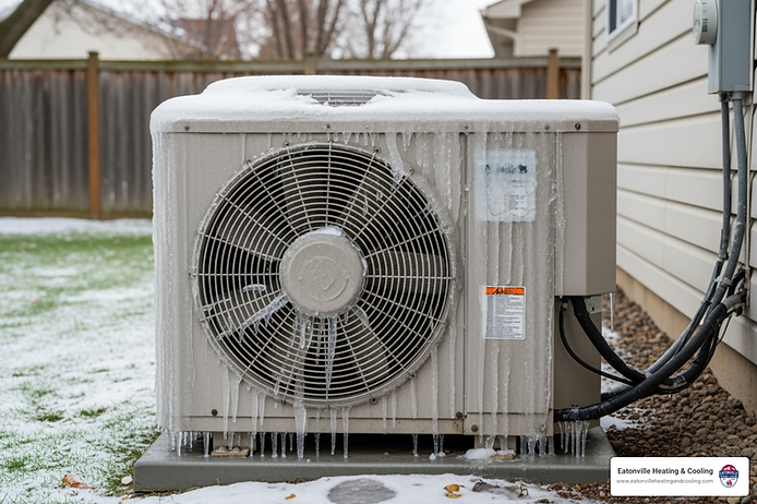 Ice-covered heat pump unit with visible fan and electrical connections, indicating potential malfunction, relevant to heat pump repair services in Olympia, WA.