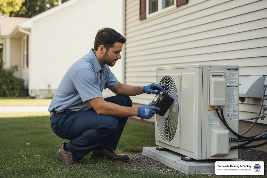 Technician performing maintenance on a heat pump unit outside a home, highlighting expert HVAC service in Eatonville, WA.