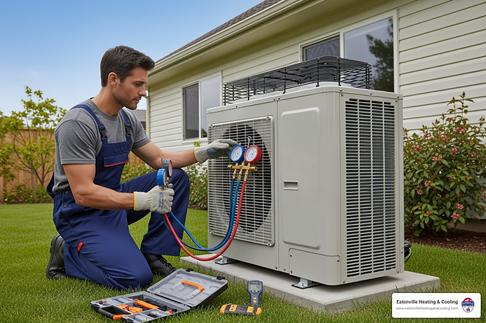 Technician servicing a heat pump unit in a residential setting, with tools and gauges, emphasizing expert maintenance for Tacoma's climate.