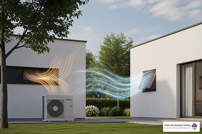 Heat pump installation on a home exterior in Tacoma, showcasing energy-efficient heating and cooling solutions for local climate needs.