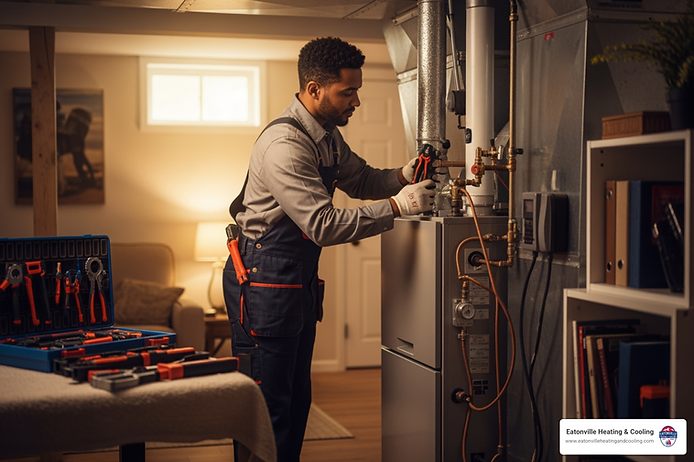 Technician performing heating system installation in a residential setting, showcasing professional tools and equipment, emphasizing quality service by Eatonville Heating & Cooling.