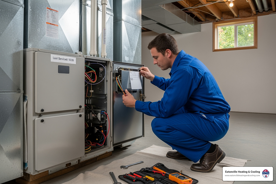 Technician performing heating system maintenance in Eatonville, WA, with tools nearby, emphasizing professional HVAC service and home comfort.