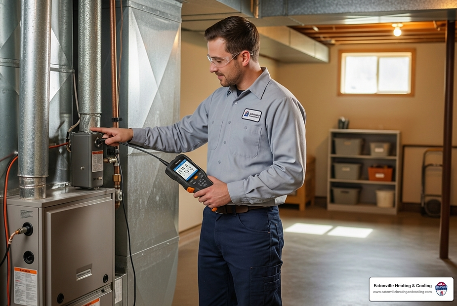 Technician from Eatonville Heating & Cooling inspecting a heating system with diagnostic equipment in a residential basement.