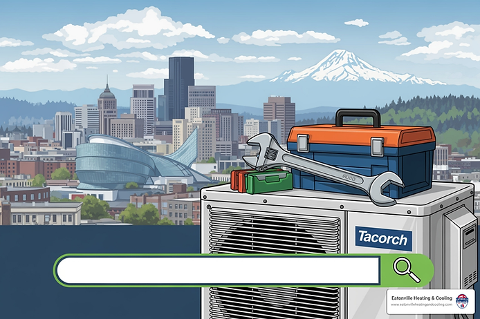 Air conditioning unit with tools and a search bar, set against a city skyline featuring Mount Rainier, representing Tacoma's heat pump services.