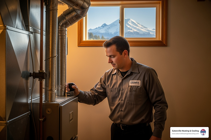 Technician adjusting furnace settings in a home with mountain view, emphasizing heating service expertise for Olympia homeowners.