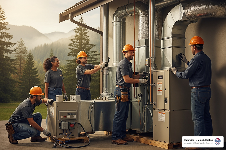Team of technicians installing a commercial heating system outdoors in Eatonville, WA, featuring furnaces and ductwork, with a focus on teamwork and expertise in heating installation.