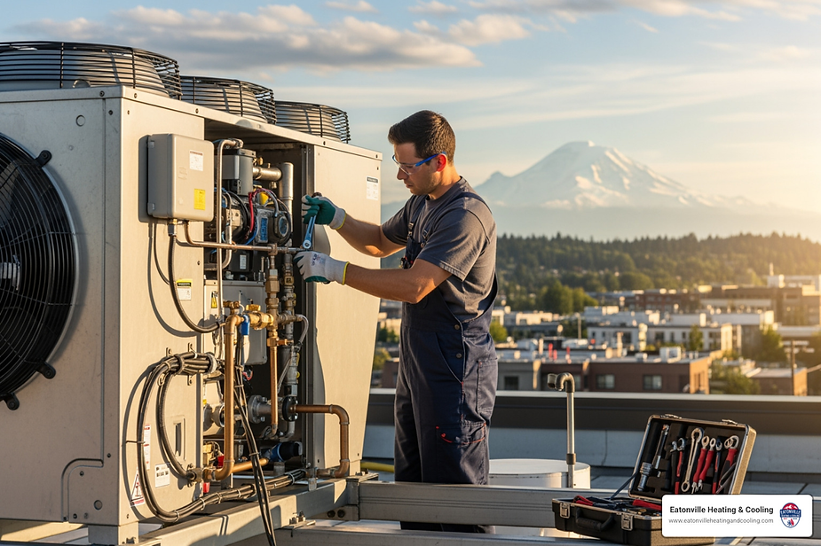 Person inspecting a commercial heat pump on a rooftop, emphasizing the importance of HVAC maintenance and repair for efficient business operations in Puyallup, WA.