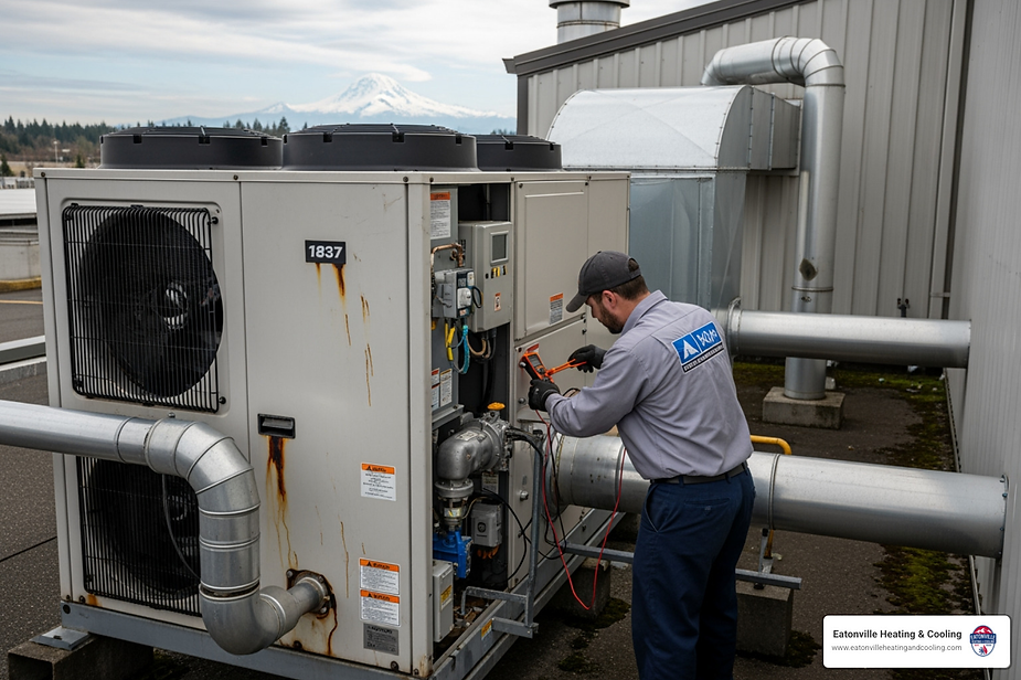 Technician servicing a commercial heat pump unit on a rooftop in Puyallup, WA, with Mount Rainier in the background, emphasizing HVAC repair and maintenance services.