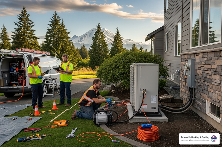 Technicians installing an emergency heat pump outside a home in Eatonville, WA, with Mount Rainier in the background, emphasizing local HVAC service.