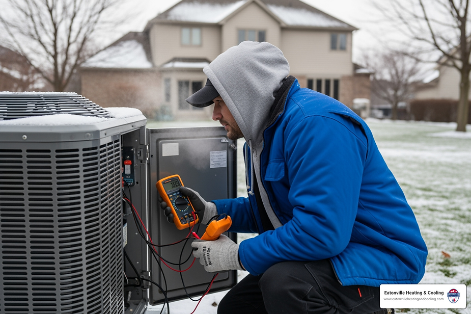 Technician performing emergency heat pump repair in snowy conditions, using a multimeter on an outdoor unit, with residential homes in the background.