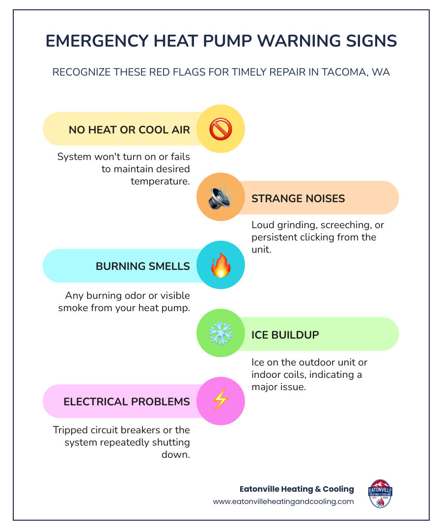 Emergency heat pump warning signs infographic highlighting issues like no heat or cool air, strange noises, burning smells, ice buildup, and electrical problems, emphasizing the need for timely repair in Tacoma, WA.