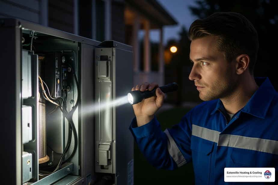 Technician inspecting heat pump with flashlight during emergency repair service in Tacoma, WA.